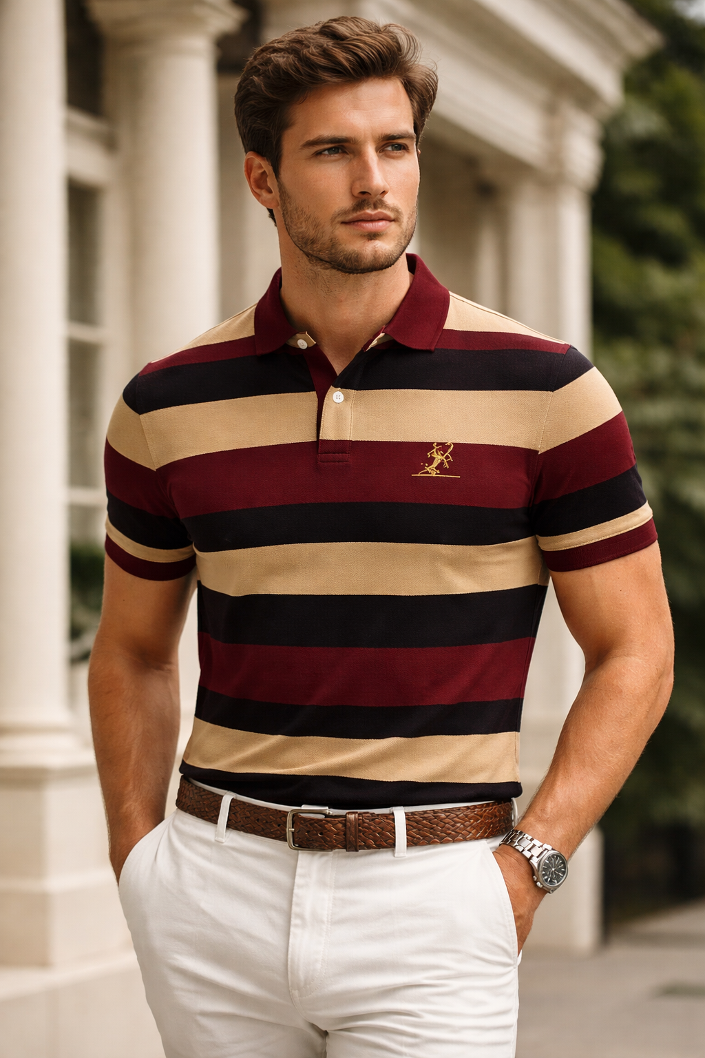 STERLING CROFT Signature Stripe Polo – Maroon Khaki Edition