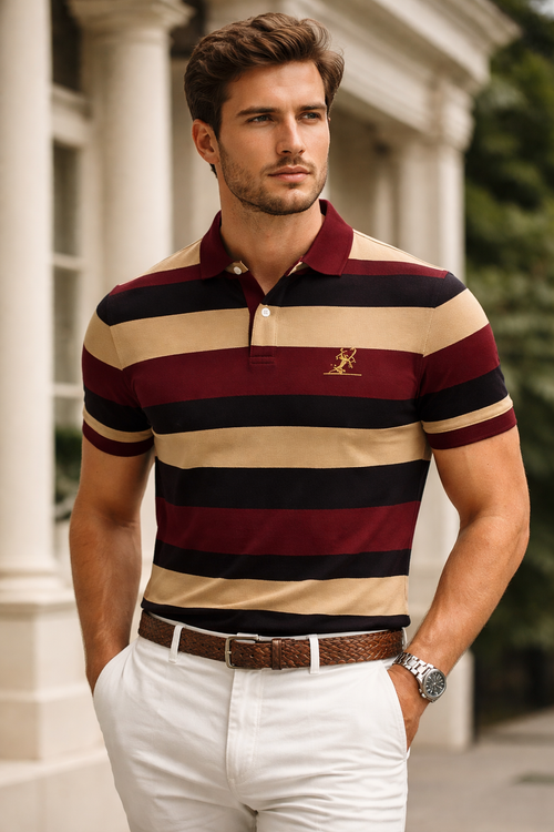 STERLING CROFT Signature Stripe Polo – Maroon Khaki Edition